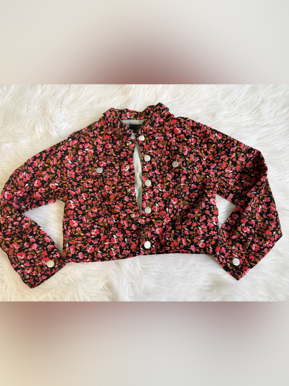 Sanctuary Girls Cropped Floral Jean Jacket - Pink on Black